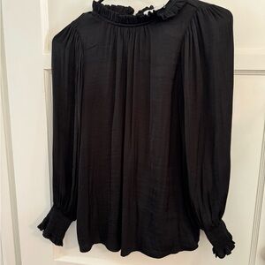 Women's Black Ruffled Neck Long-Sleeve Blouse